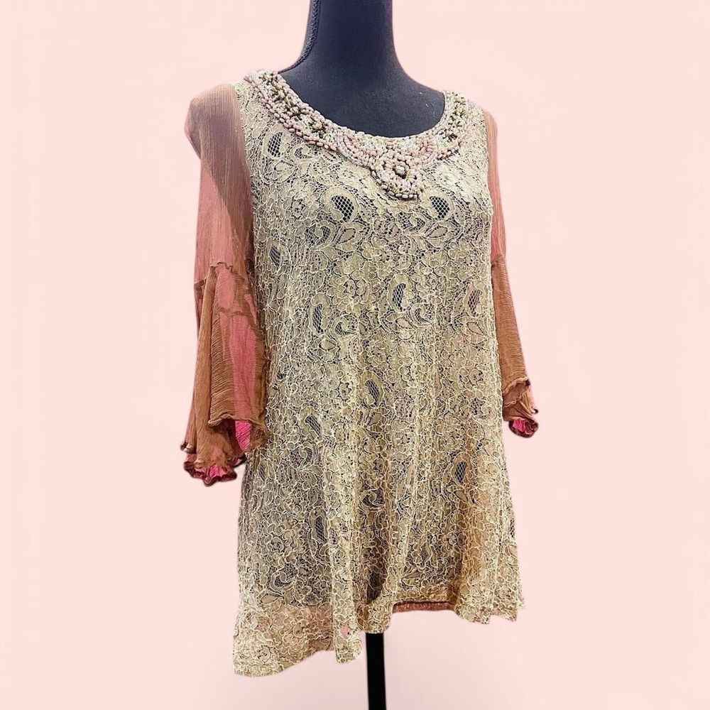 GIMMICKS By BKE Lace Silk Beaded Blouse Size Large